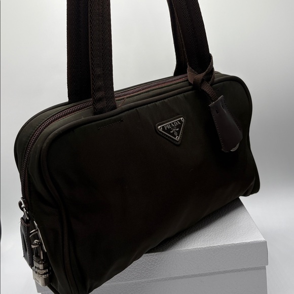 Prada Handbags - Prada Black Nylon Handbag with Brown Straps